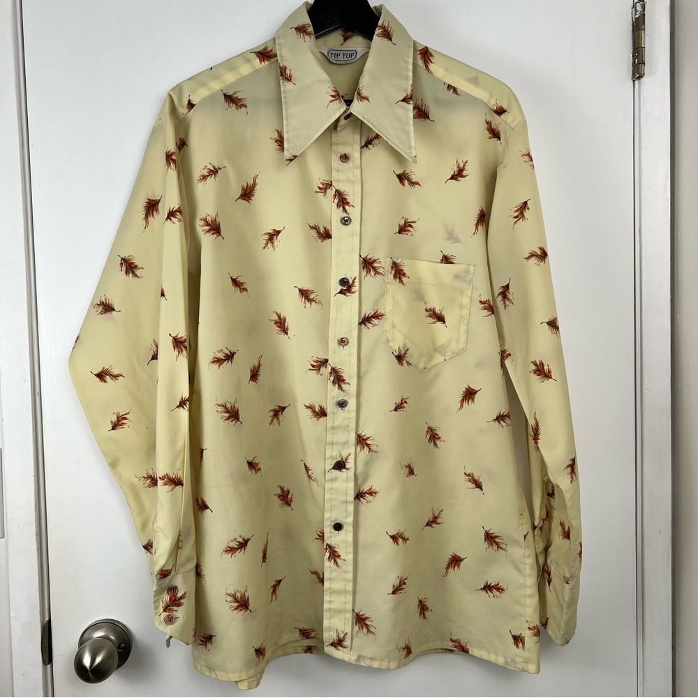 Vintage Tip Top 70s Wide Collar Feather Print Shirt size L Disco Retro Sheer